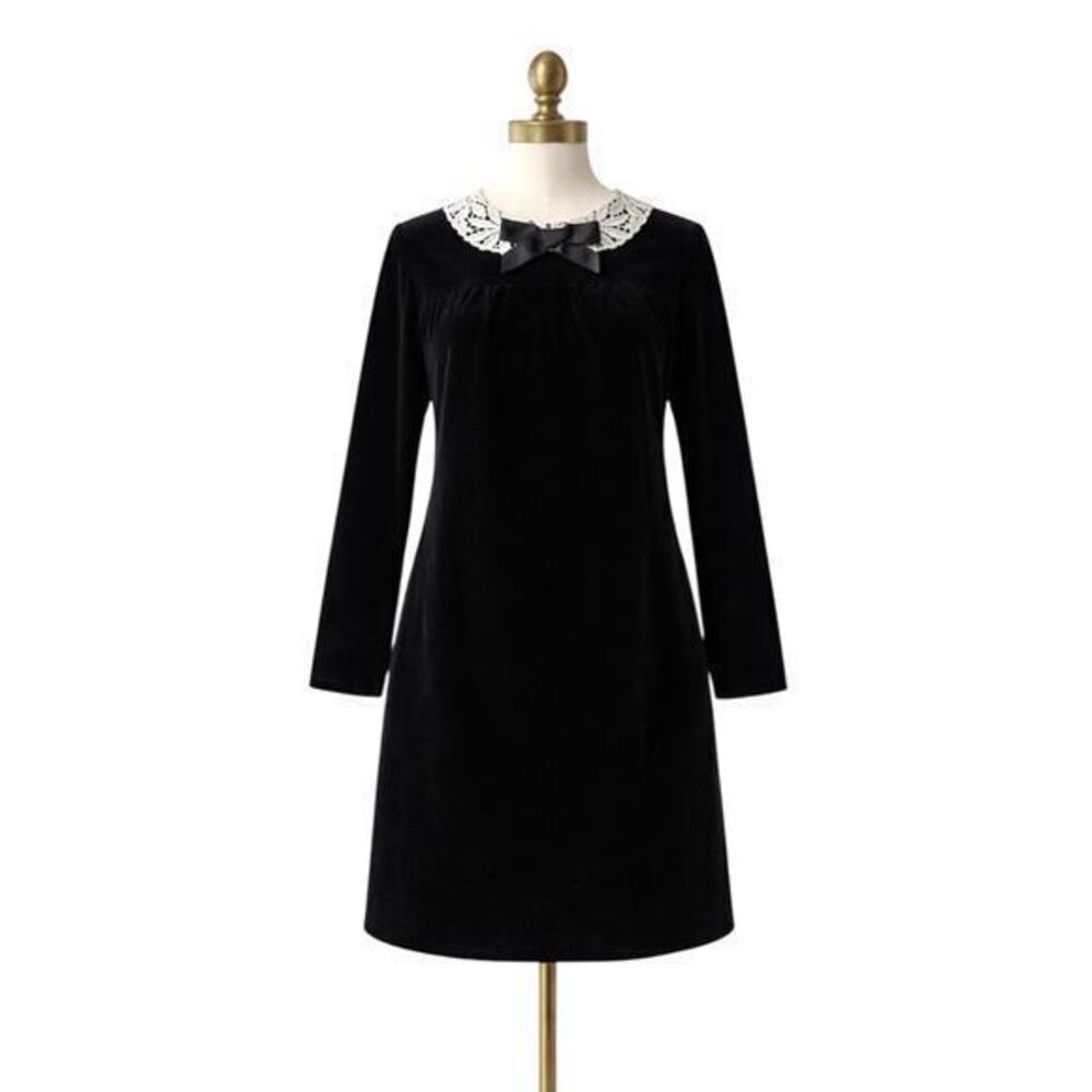 vtg 70s Connie Sage Black Structured Velvet Lace Collar Midi Shift Dress Small